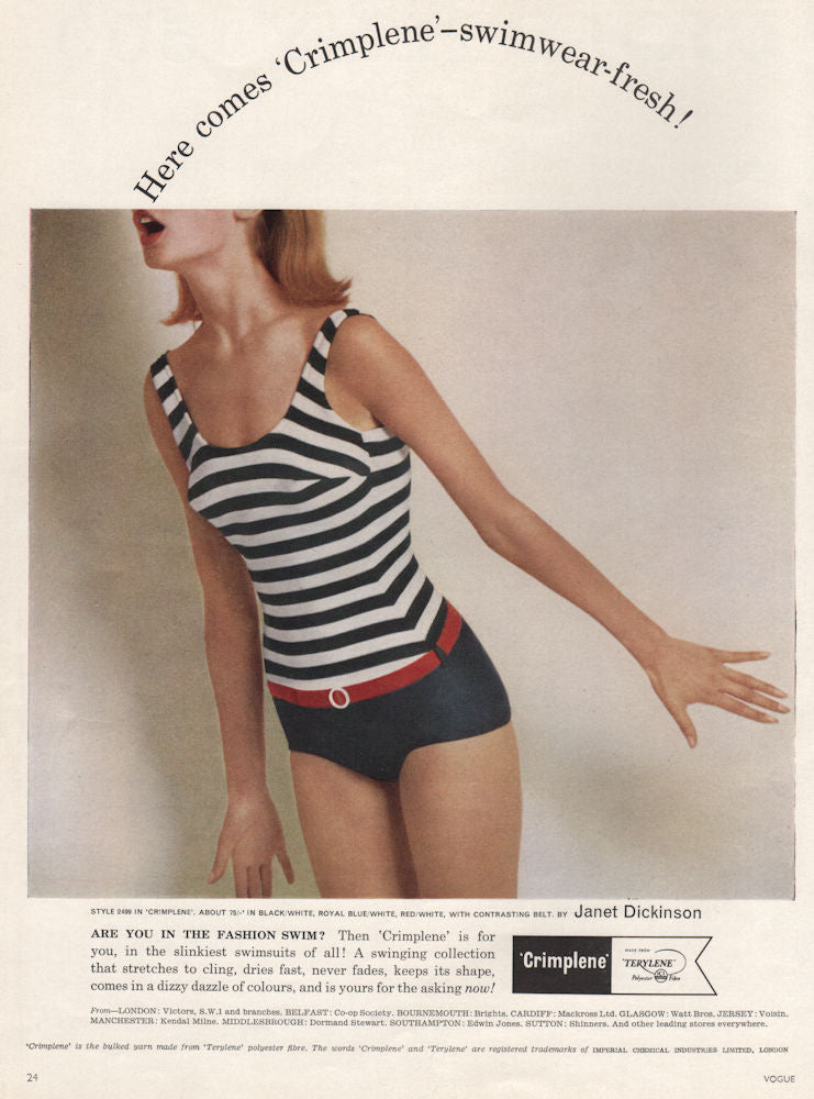 Here comes 'Crimplene' – Swimwear-fresh! Terylene ICI. Fashion advert 1963